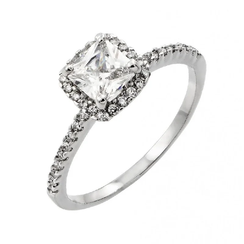 Ladies rings cute accents-Silver 925 Rhodium Plated Clear CZ Square Ring - BGR00862