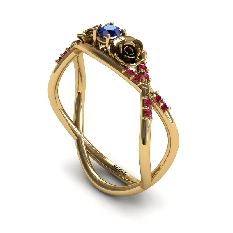 Ladies engagement rings twisted designs-Rose Engagement ring 14K Yellow Gold Thin Elegant Flower Ring Sapphire With Ruby - Stella no. 16