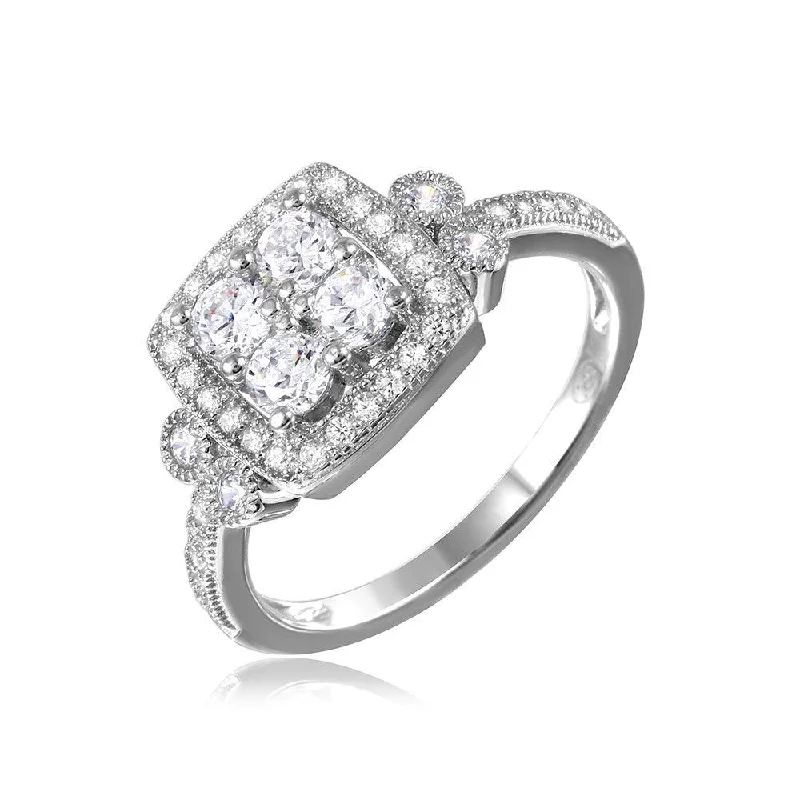 Ladies rings celebrity styles-Silver 925 Rhodium Plated Square Halo Ring - GMR00088