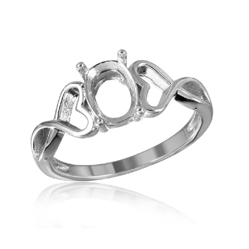 Ladies rings viral picks-Silver 925 Rhodium Plated Open Heart Shank Single Stone Mounting Ring - BGR00934