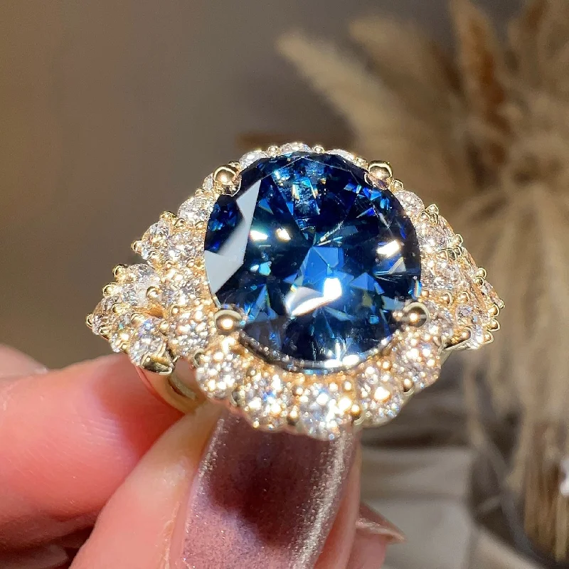 Ladies engagement rings 2025 trends-"Blue" 4 Carat Oval Cut Blue Sapphire Gem Eye Shape Diamond Engagement Ring