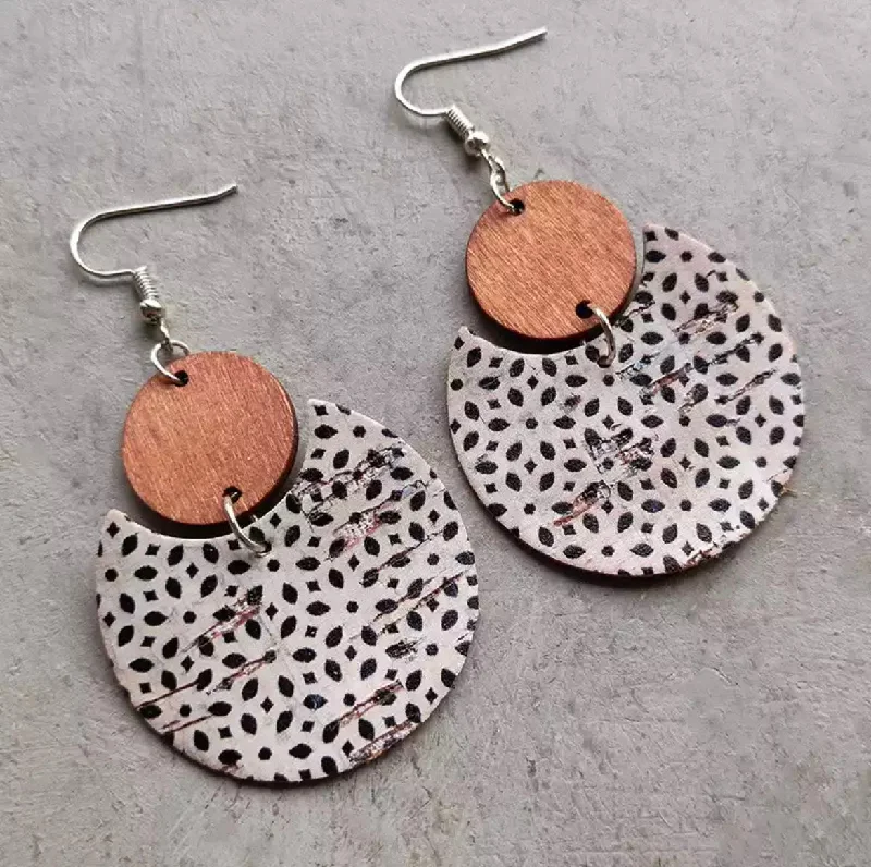 Ladies rings rose gold-Round Black and White Wood and Cork Earrings