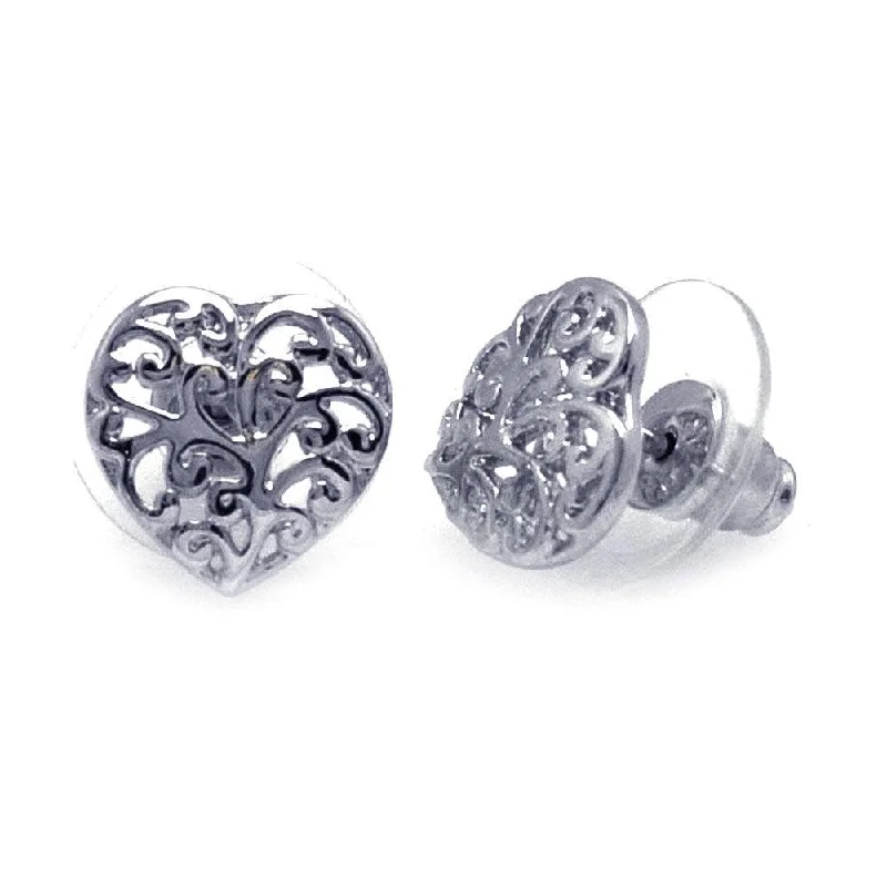 Ladies rings handmade crafts-Silver 925 Rhodium Plated Open Heart Filigree Earrings - BGE00110