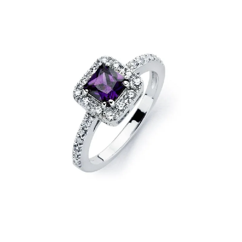 Ladies rings subtle luxury-Silver 925 Rhodium Plated Clear Micro Pave Set and Square Purple Center CZ Bridal Ring - BGR00734