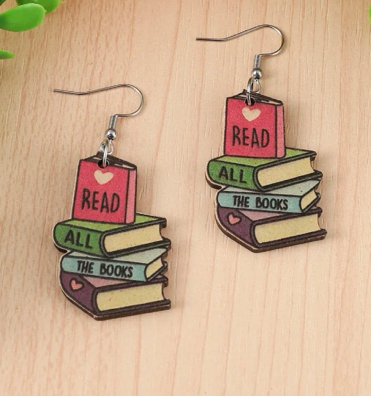 Ladies rings size guide-Wooden "Read All The Books" Drop Earrings