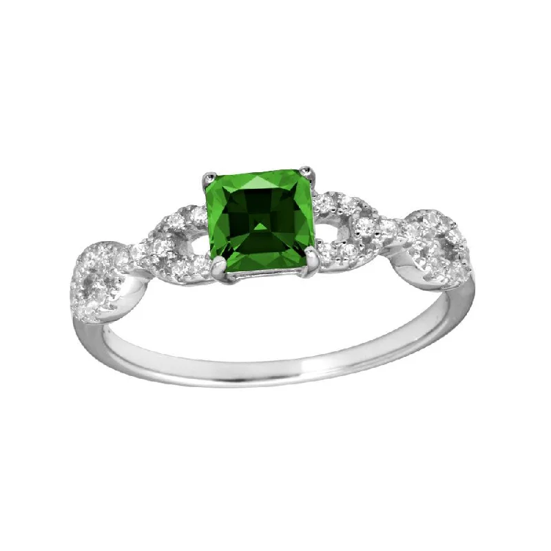 Ladies rings pearl accents-Rhodium Plated 925 Sterling Silver Square Green CZ Center Stone Chain Design Shank Ring - BGR01225GRN