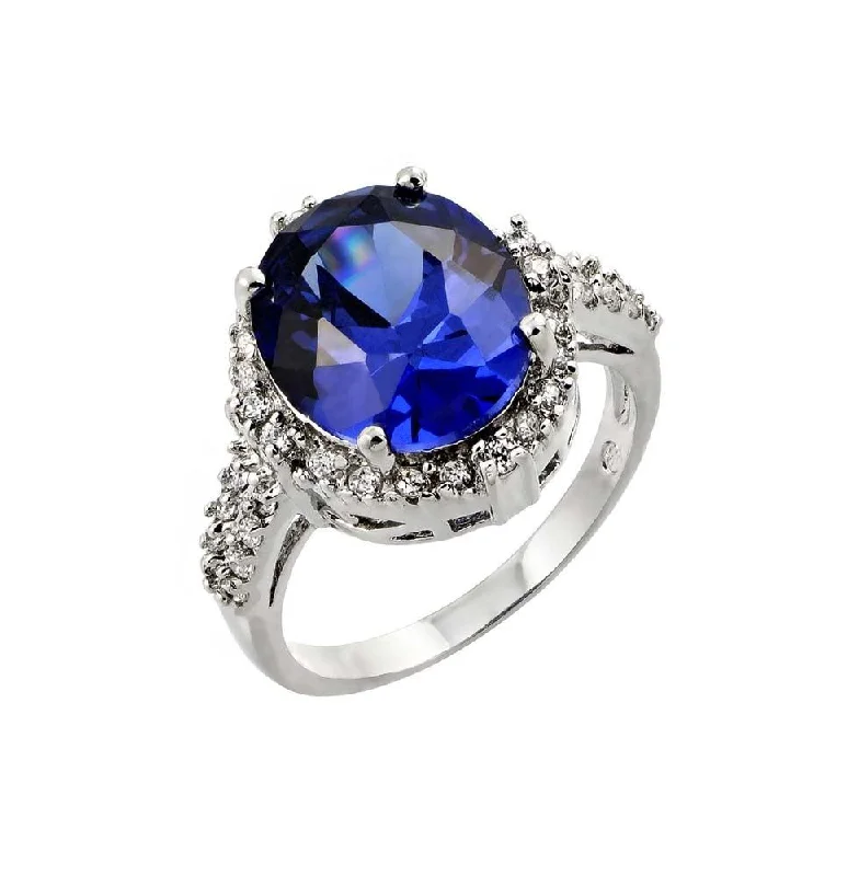 Ladies rings worldwide styles-Silver 925 Rhodium Plated Blue Oval and Clear Inlay CZ Bridal Ring - BGR00777