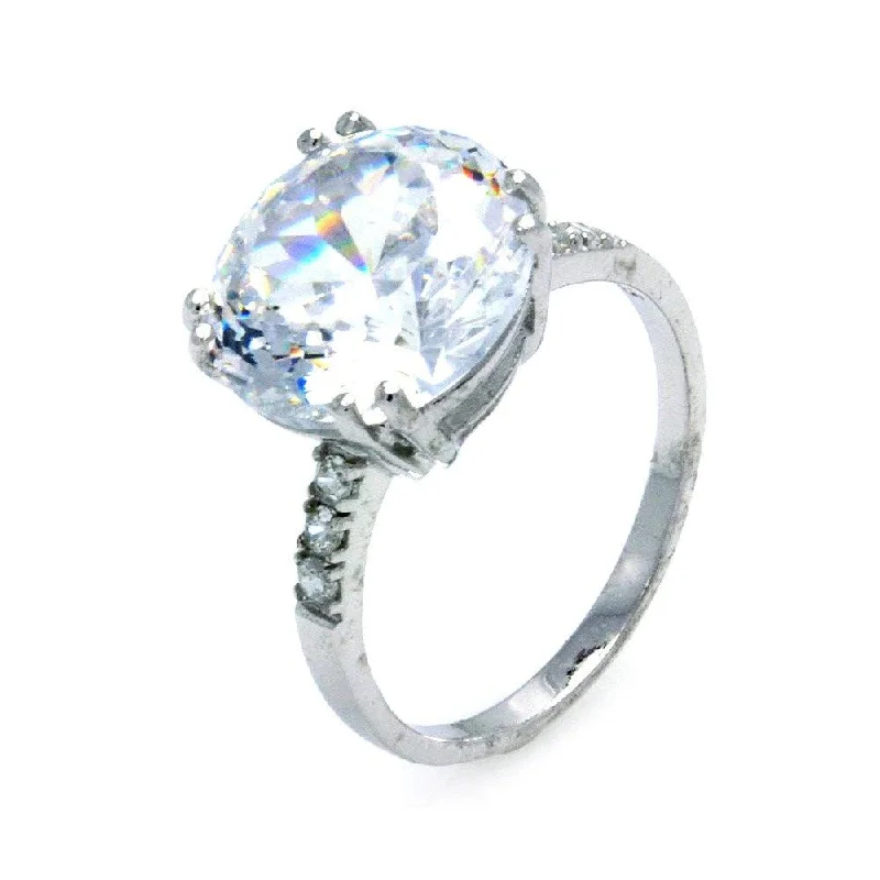 Ladies rings floral designs-Silver 925 Rhodium Plated Large Round Clear Center CZ Ring - STR00824