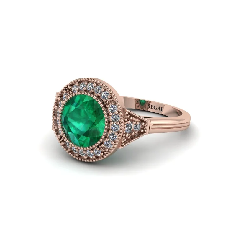 Ladies engagement rings online shopping-Round Cut Emerald Milgrain Halo Engagement Ring - Maggie No. 5