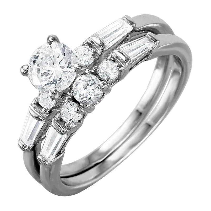 Ladies rings youthful charm-Silver 925 Rhodium Plated Bridal Ring with Baguette CZ Stones - BGR01002