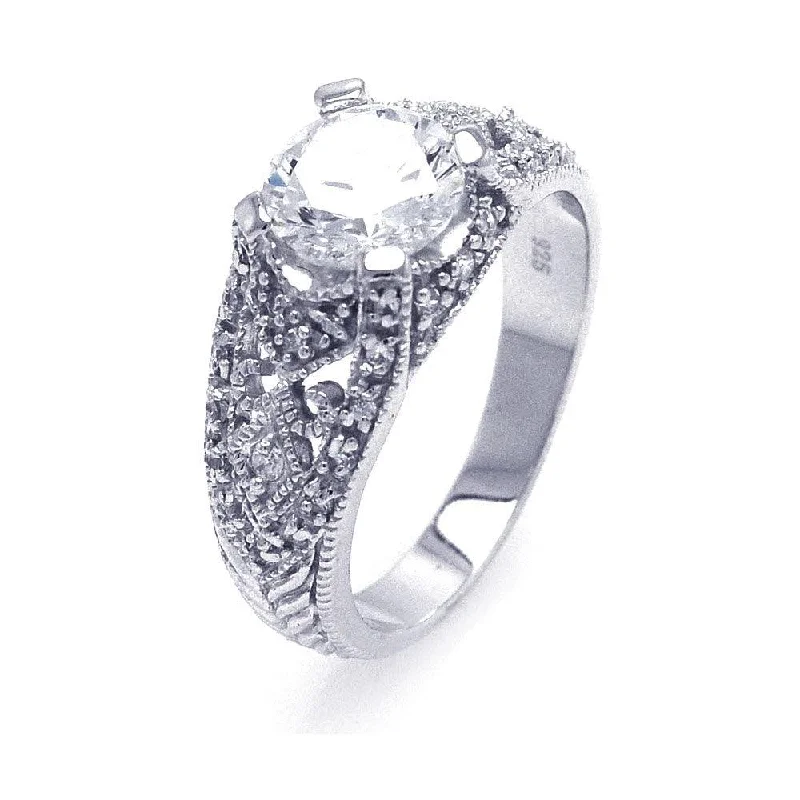 Ladies rings global brands-Silver 925 Rhodium Plated Round Center CZ Antique Ring - STR00525