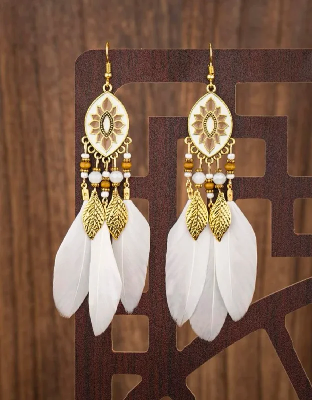 Ladies rings viral picks-White Feather Tassel Earrings