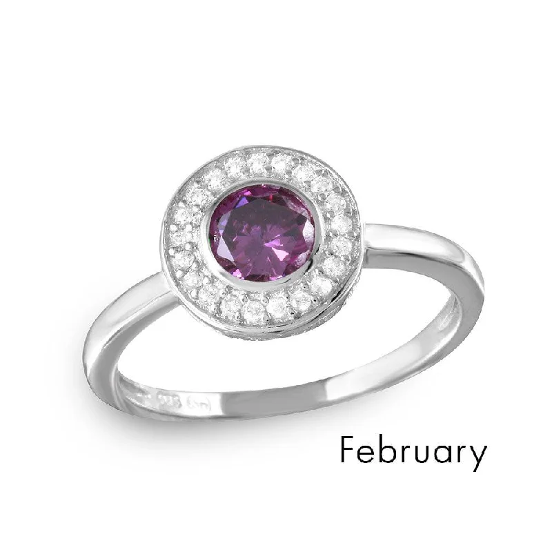 Ladies rings ruby gems-February Sterling Silver 925 Rhodium Plated CZ Center Birthstone Halo Ring - BGR01082FEB