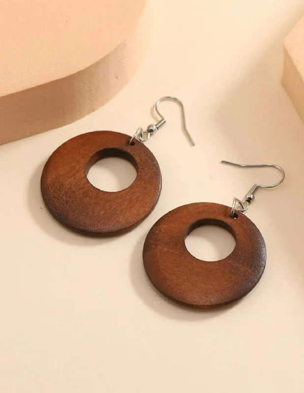 Ladies rings synthetic jewels-Round Wooden Drop Earrings