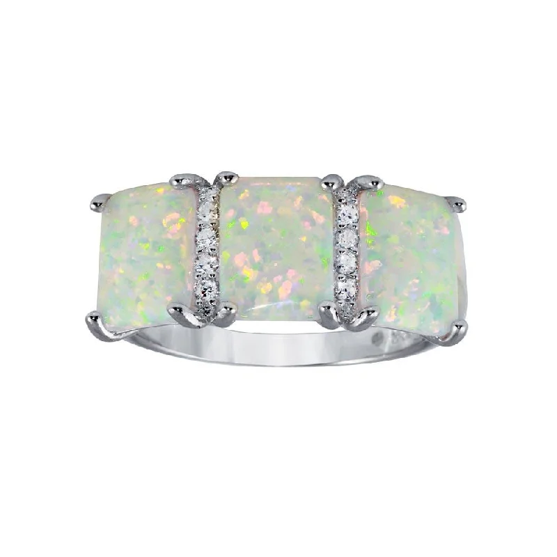 Ladies rings sister sets-Rhodium Plated 925 Sterling Silver Triple Square Synthetic Opal CZ Ring - BGR01305