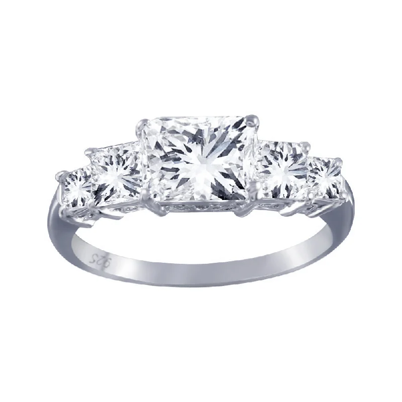 Ladies rings standout pieces-Rhodium Plated 925 Sterling Silver Clear 5 Stone Set CZ Bridal Ring - BGR00017