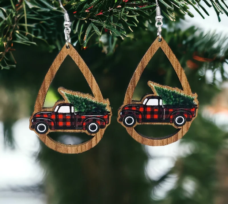 Ladies rings personalized-Vintage Truck and Christmas Tree Wooden Drop Earrings