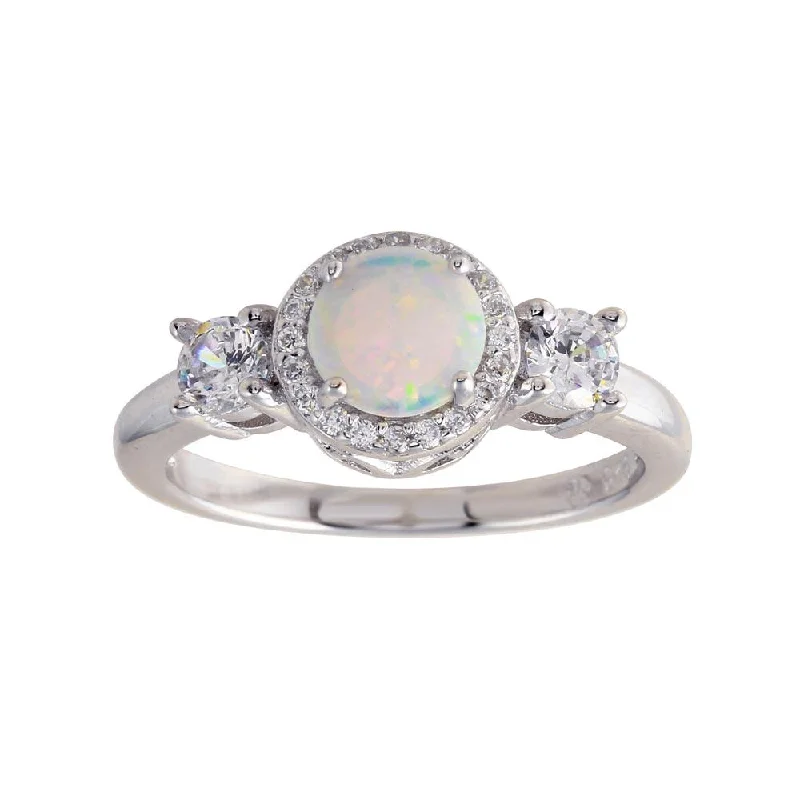 Ladies rings gold-plated-Rhodium Plated 925 Sterling Silver Round Opal Stone Halo CZ Ring - BGR01276