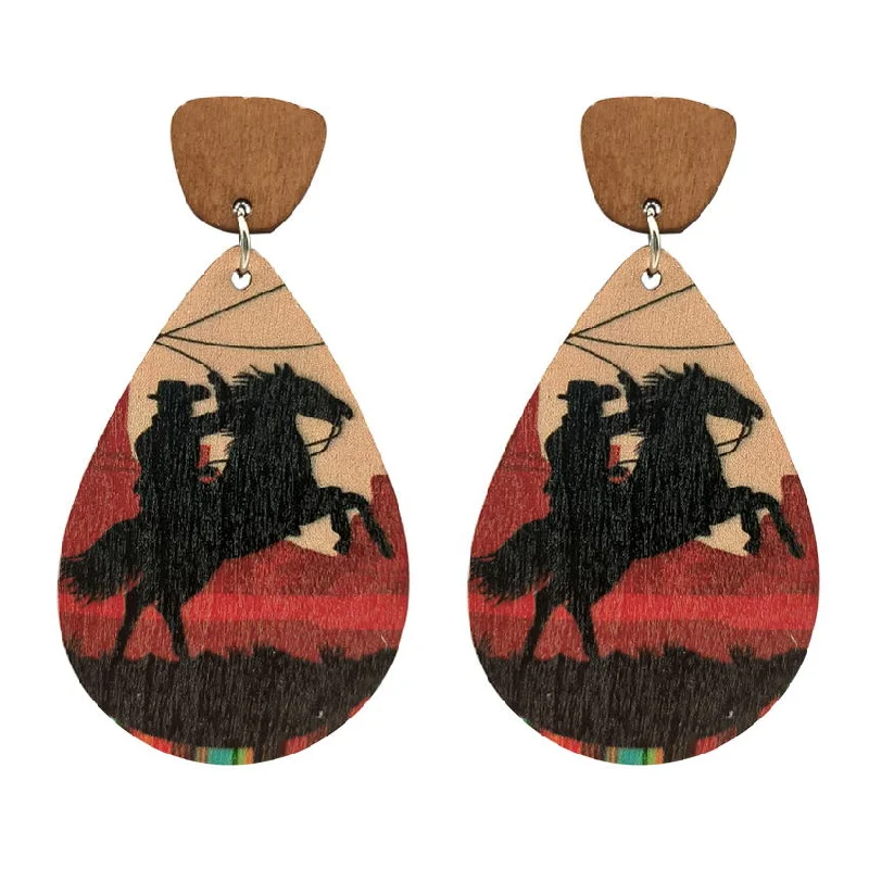 Ladies rings heart motifs-Western Rope Ride Horse Cowboy Teardrop Earrings