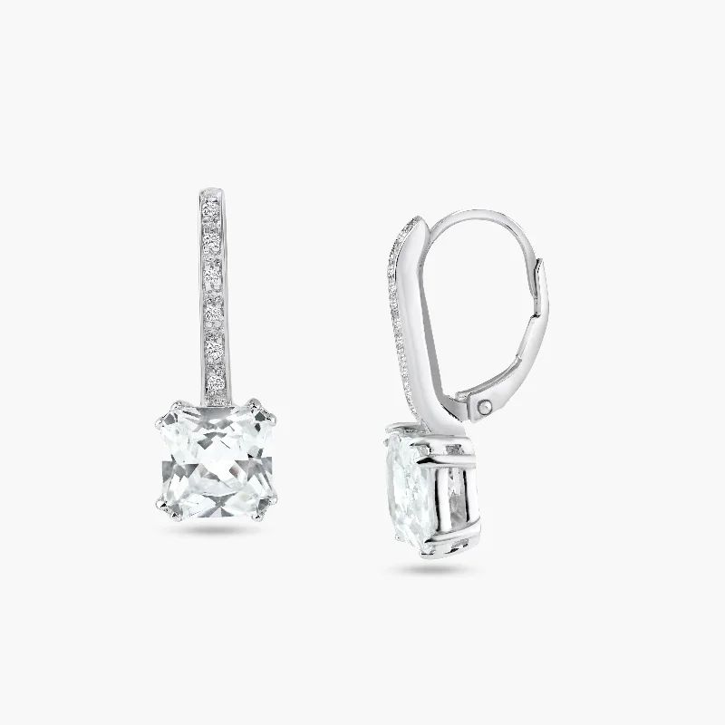 Ladies rings girlfriend surprises-Silver 925 Rhodium Plated Square CZ Hook Earrings - STE00154