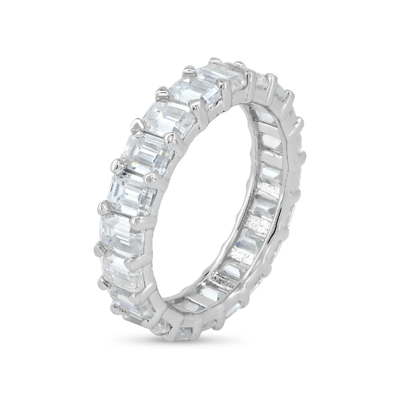 Ladies rings modern styles-925 Sterling Silver Rhodium Square Moissanite Stone Eternity Band Ring - MGMR00007