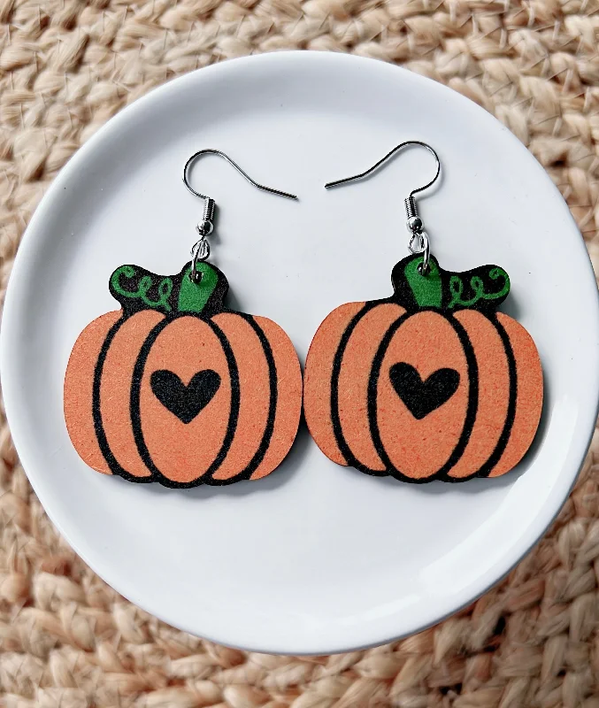 Ladies rings worldwide styles-Wooden Pumpkin with Heart Drop Earrings