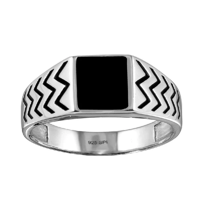 Ladies rings gothic charm-Rhodium Plated 925 Sterling Silver Black Enamel Zig Zag Design Shank Ring - SOR00004