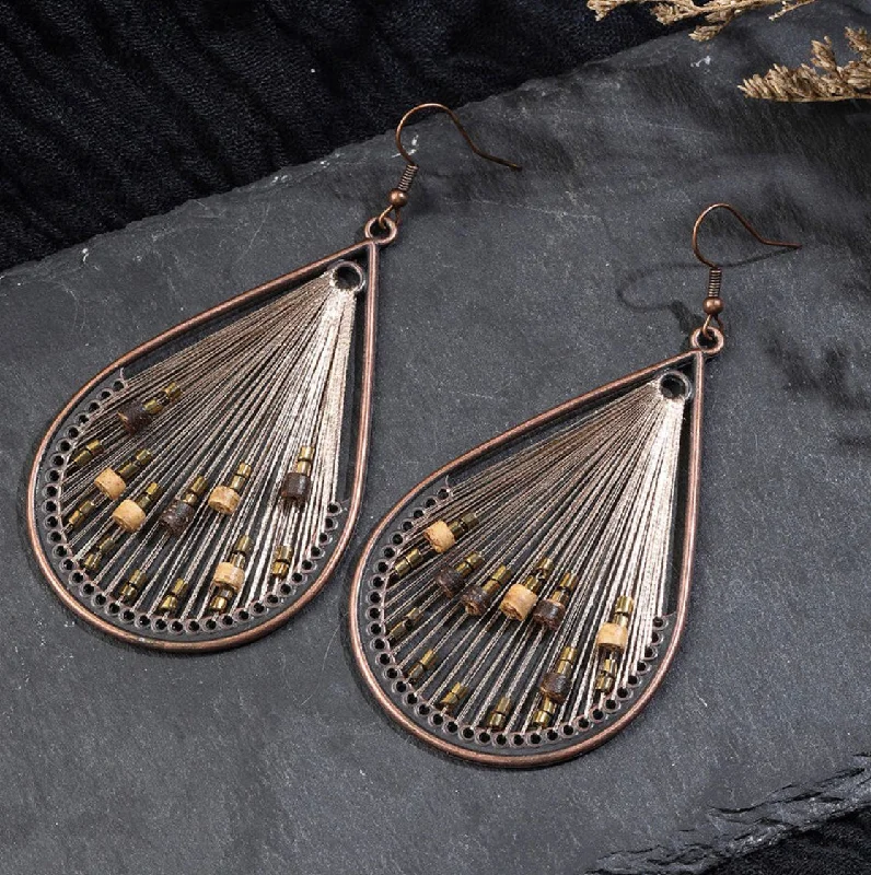 Ladies rings birthday surprises-Beige Strings with Bead Accent Teardrop Earrings