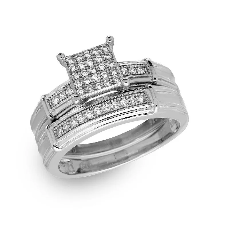 Ladies rings white gold-Silver 925 Rhodium Plated CZ Pave Square Center Ring - GMR00166