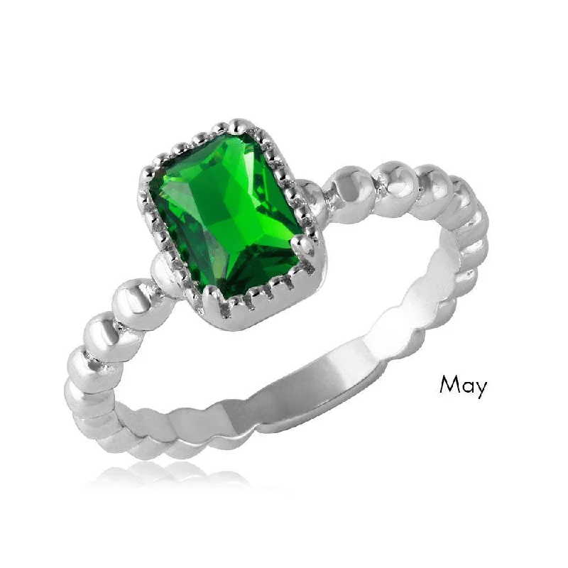 Ladies rings store locations-May Sterling Silver 925 Rhodium Plated Beaded Shank Square Center Birthstone Ring - BGR01081MAY