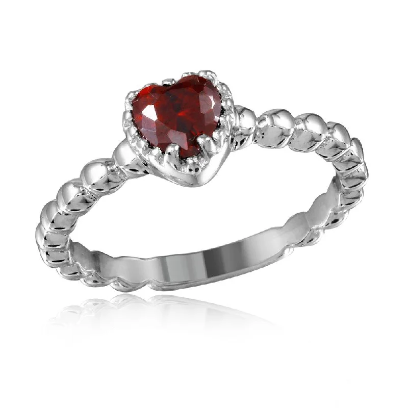 Ladies rings floral designs-Silver 925 Rhodium Plated Beaded Band Red Heart Center Stone Ring - BGR01052RED