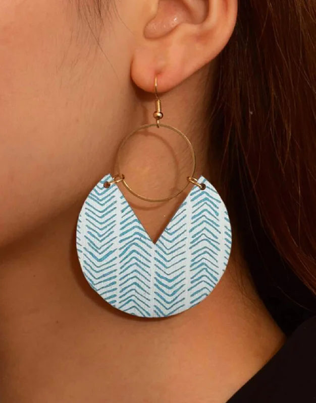 Ladies rings personalized-Bohemian Wooden Round Baby Blue Striped Earrings