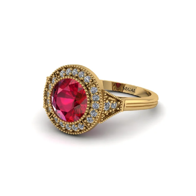 Ladies engagement rings pave settings-Round Cut Ruby Milgrain Halo Engagement Ring - Maggie No. 10