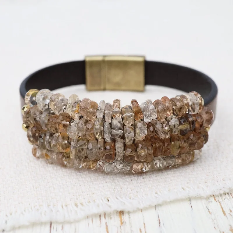 Ladies bracelets personalized-Imperial Topaz with Gold Pyrite Trim on Metallic Brown Leather Bracelet