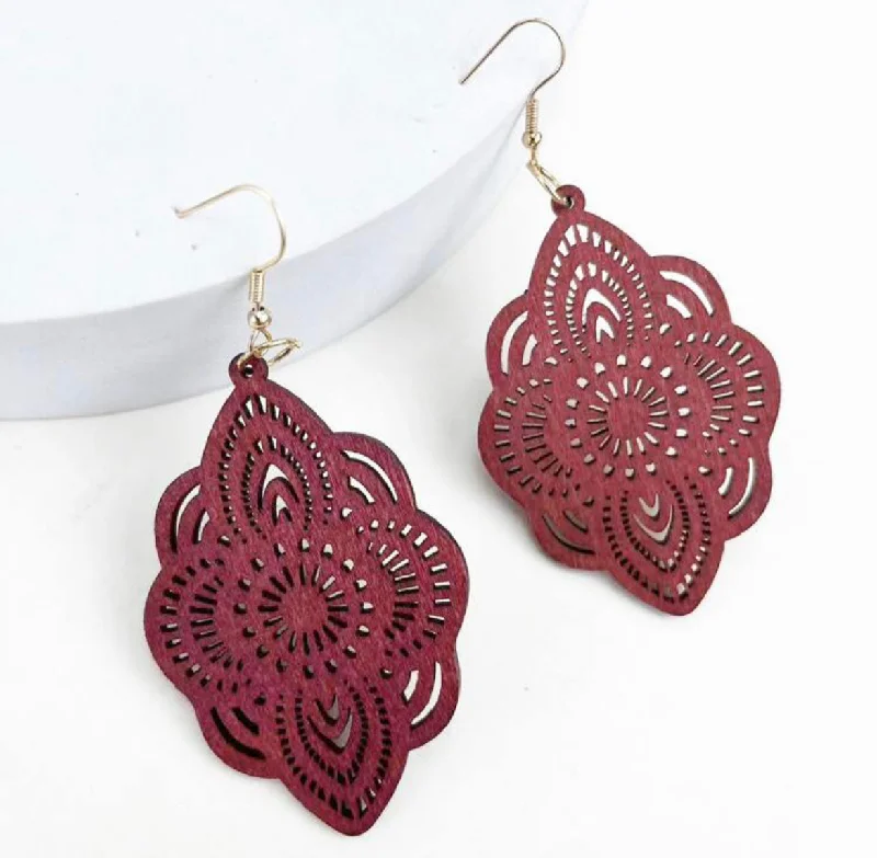 Ladies rings buying tips-Red Bohemian Hollow Out Wooden Drop Earrings