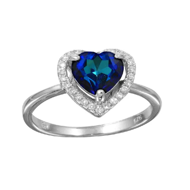 Ladies rings heart motifs-Rhodium Plated 925 Sterling Silver Blue Halo Heart Ring - BGR01139BLU