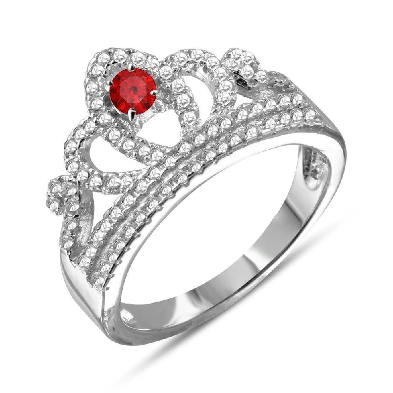 Ladies rings custom options-Rhodium Plated 925 Sterling Silver Tiara with Red and Clear CZ Ring - BGR01108RED