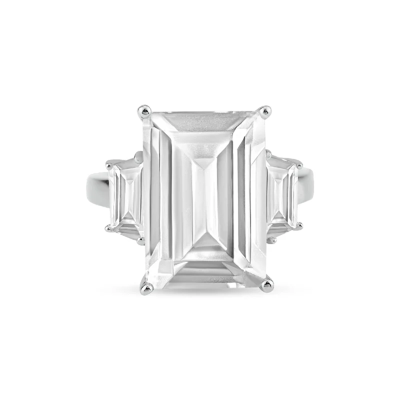 Ladies rings lightweight picks-Rhodium Plated 925 Sterling Silver Clear Baguette and Rectangular Center CZ Bridal Ring - BGR00427