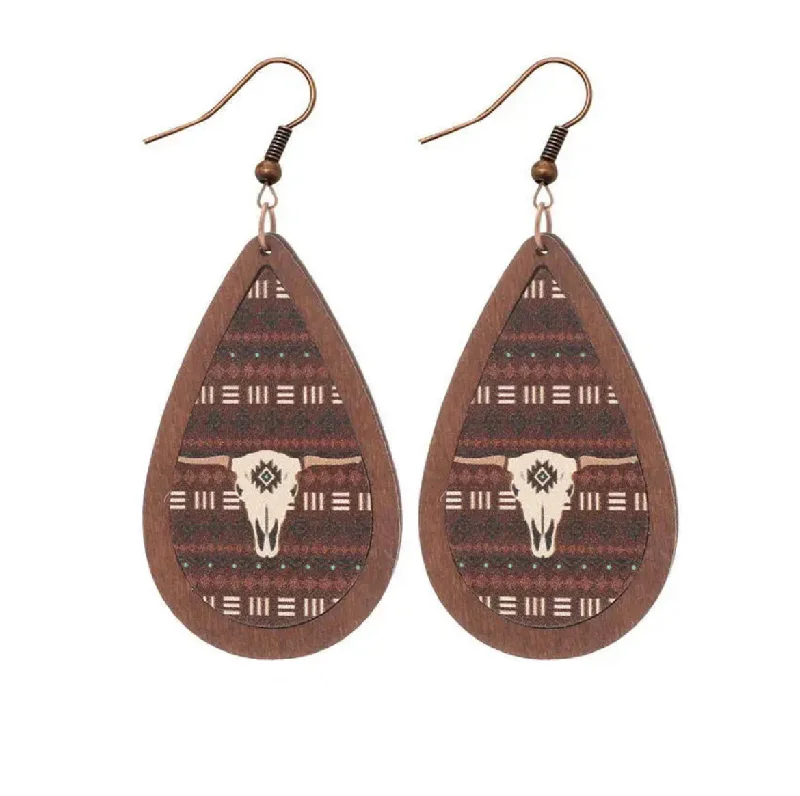 Ladies rings wedding bands-Wood and Leather Aztec Cow Skull Drop Earrings