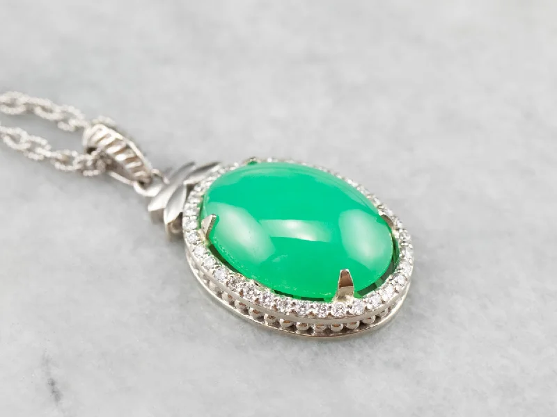 Chrysoprase Diamond Halo White Gold Pendant Necklace