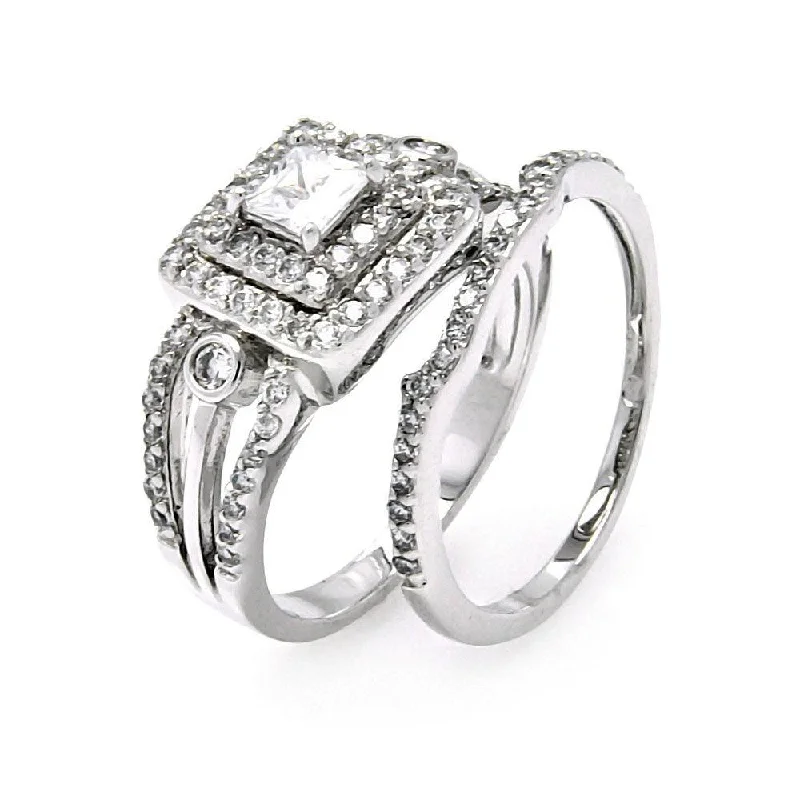 Ladies rings minimalist appeal-Silver 925 Rhodium Plated Clear CZ Bridal Multi Layer Square Ring Set - BGR00456