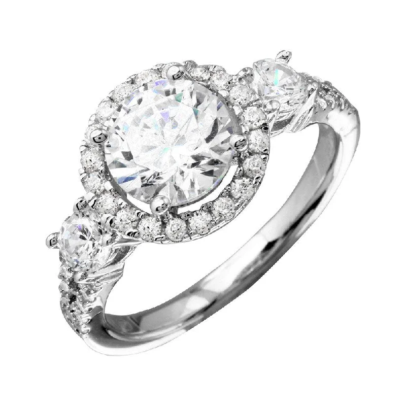 Ladies rings rose gold-Rhodium Plated 925 Sterling Silver Round Halo Ring with CZ Shank - GMR00210