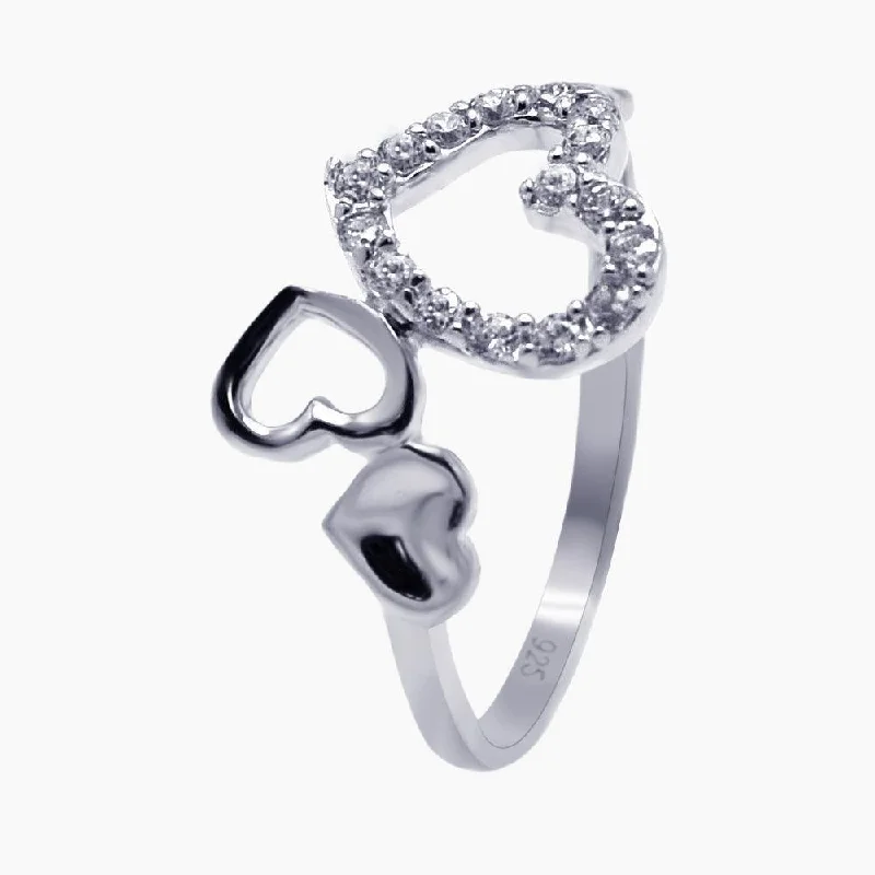 Ladies rings engagement picks-Silver 925 Rhodium Plated CZ Triple Heart Ring - AAR0075