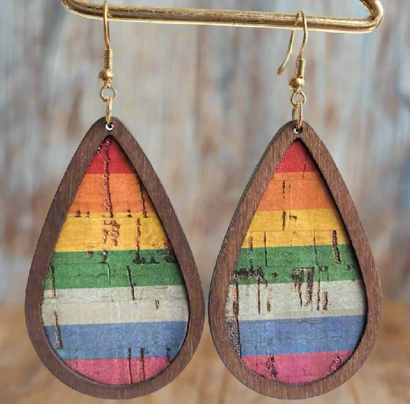 Ladies rings luxurious designs-Wooden Rainbow Drop Earrings