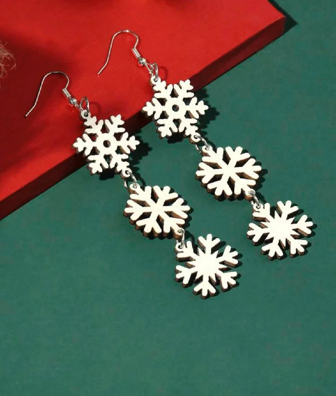 Ladies rings holiday gifts-Wooden Snowflake Drop Earrings