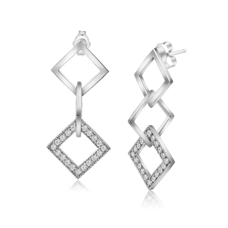 Ladies rings pearl accents-Silver 925 Rhodium Plated Micro Pave Multiple Square Clear CZ Dangling Earrings - ACE00011