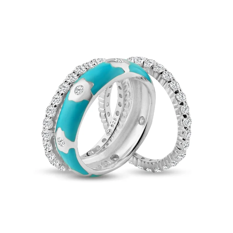 Ladies rings friendship rings-Silver 925 Rhodium Plated Blue Enamel CZ Flower Stackable Ring Set - STR00553