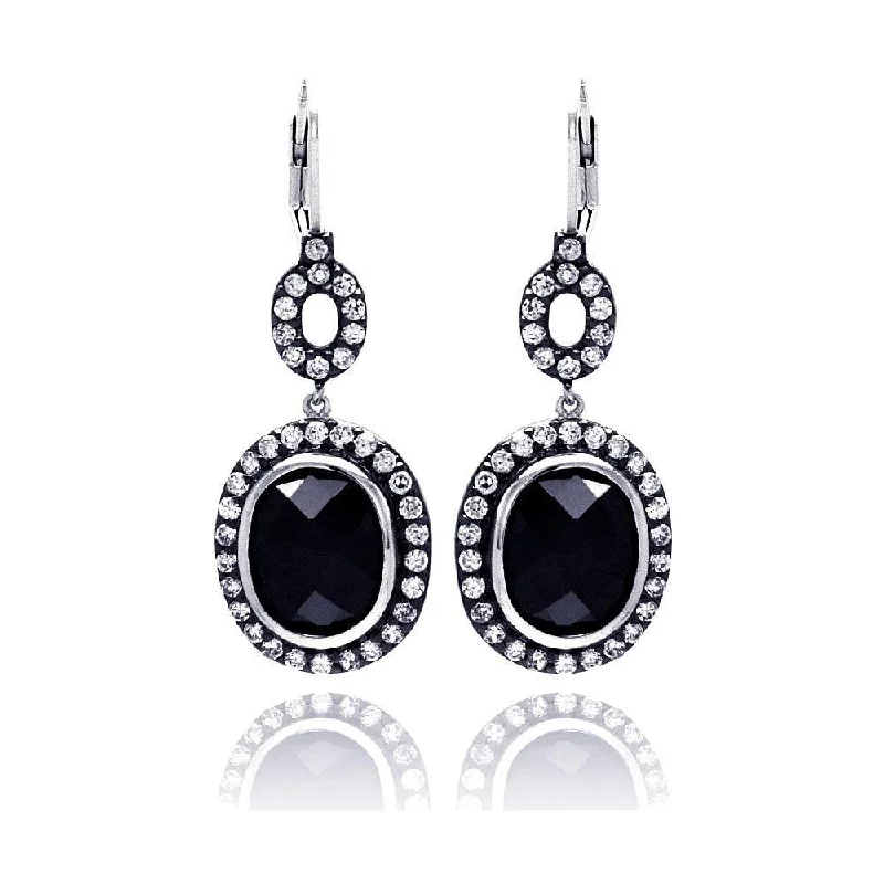 Ladies rings cute accents-Clearance-Silver 925 Rhodium Plated Black Round CZ Dangling Earrings - STE00534