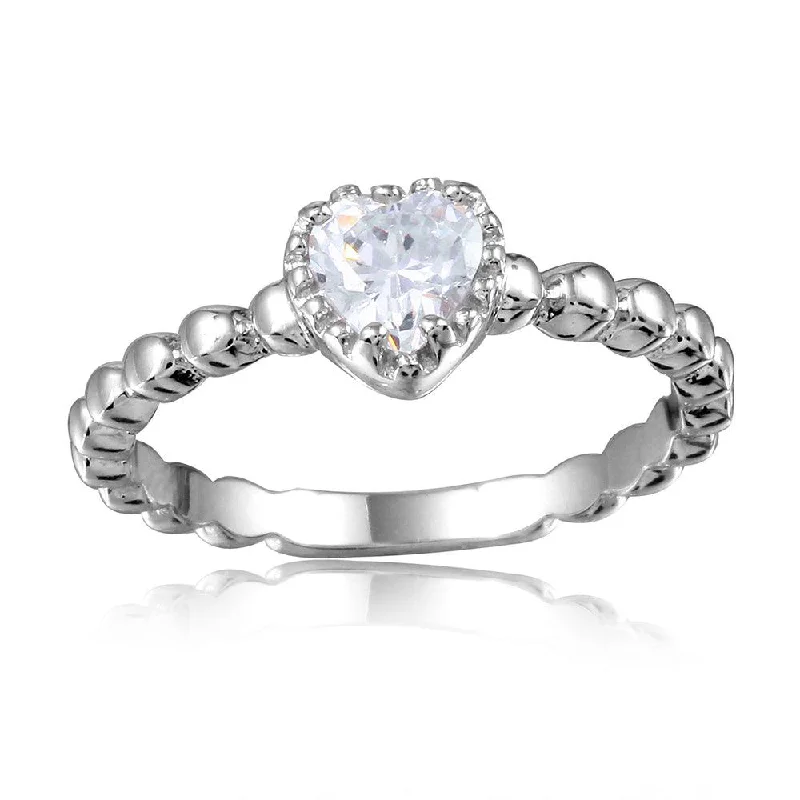 Ladies rings fashion trends-Silver 925 Rhodium Plated Beaded Band Clear Heart Center Stone Ring - BGR01052CLR