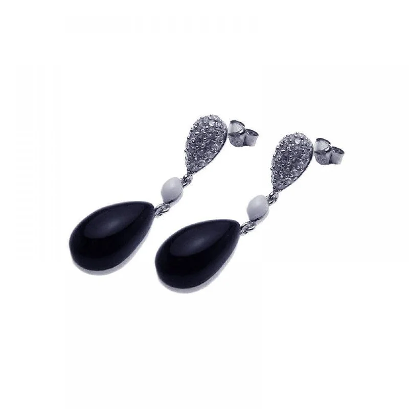 Ladies rings silver tones-Clearance-Silver 925 Rhodium Plated Round Cookie Monster Onyx CZ Dangling Hook Earrings - BGE00096